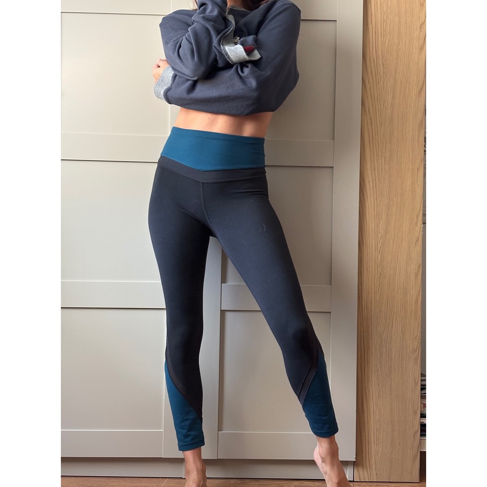 Athleta Black Teal Colorblock Mesh Panel High Rise Leggings 7/8